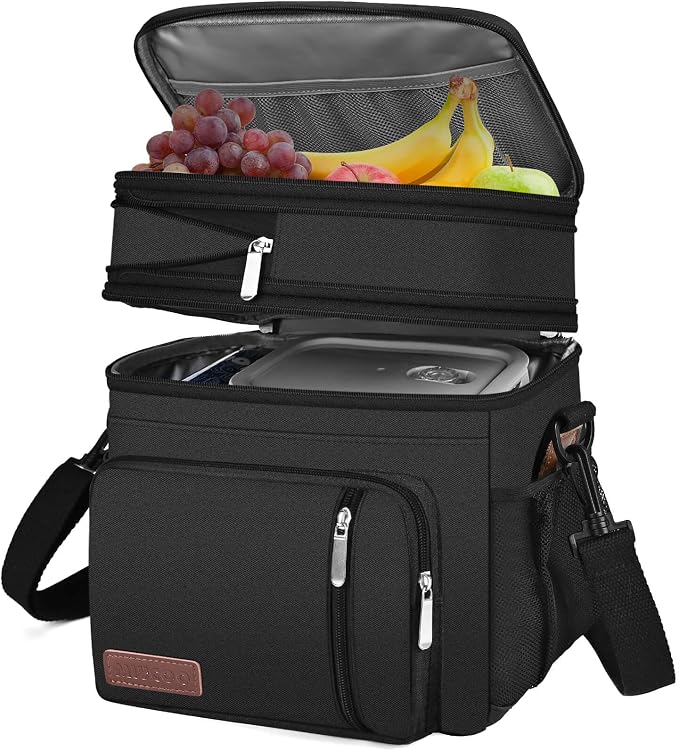 MIYCOO Lunch Bag & Lunch Box for Men Women, Double Deck Leakproof Insulated Soft Large Adult Camping Cooler bag for Work, Beach, Picnic, Travel (Black, 15L)