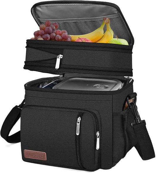 MIYCOO Lunch Bag & Lunch Box for Men Women, Double Deck Leakproof Insulated Soft Large Adult Camping Cooler bag for Work, Beach, Picnic, Travel (Black, 15L)