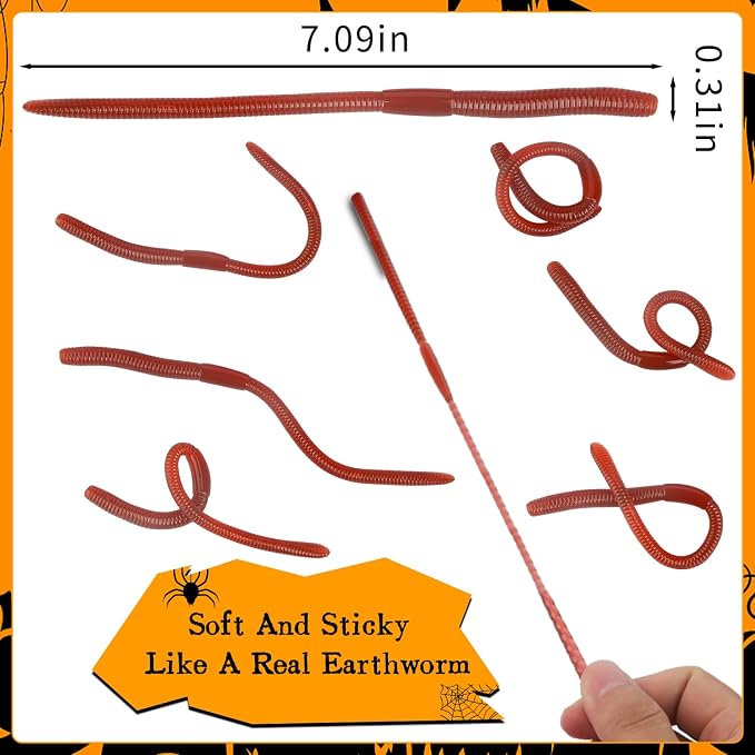 30 Pcs Fake Worms Soft Stretchy Rubber Earthworm Lifelike Trick Toy Plastic Worm Fishing Lures Baits for Halloween April Fool's Day Party Decoration, 7.1 Inch