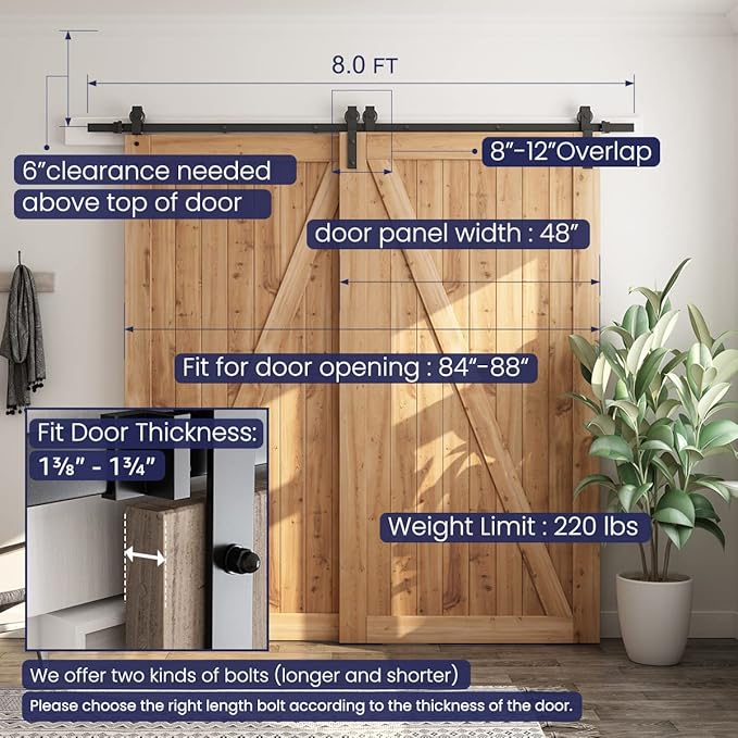 SMARTSTANDARD 8 Feet Bypass Sliding Barn Door Hardware Kit - for Double Wooden Doors-Single Track - Smoothly & Quietly - Easy to Install-Fit 84" Opening