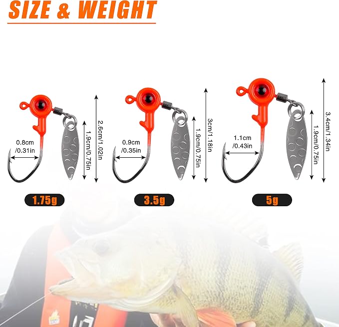 Crappie Jig Heads Fishing Lures Kit, 15pcs Underspin Jig Heads with Spinner Blade Crappie Lures Eye Ball Head Painted Fishing Jigs for Bass, Trout, Panfish, Sunfish