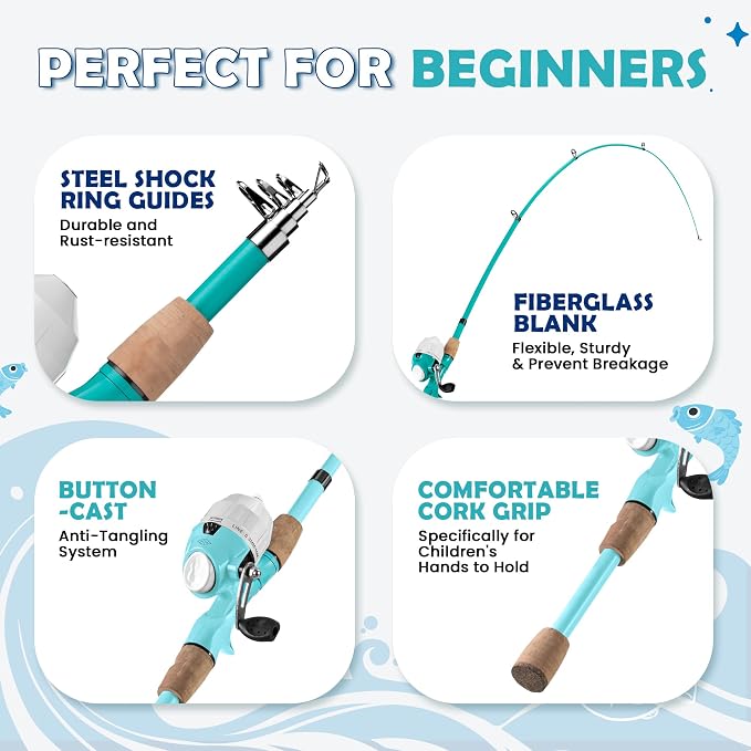 Kids Fishing Pole, Portable Telescopic Kids Fishing Poles for Boys Girls Youth, Fishing Rod and Reel Combo