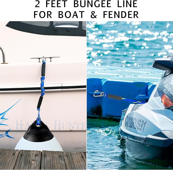 2FT Bungee Dock Line Boat Accessories 2pcs Fender Lines with 316 Stainless Clip for Boat Bumper/Boat Fender for Mooring for Jet Ski, Seadoo, Yamaha(Blue+Yellow, 2Feet)