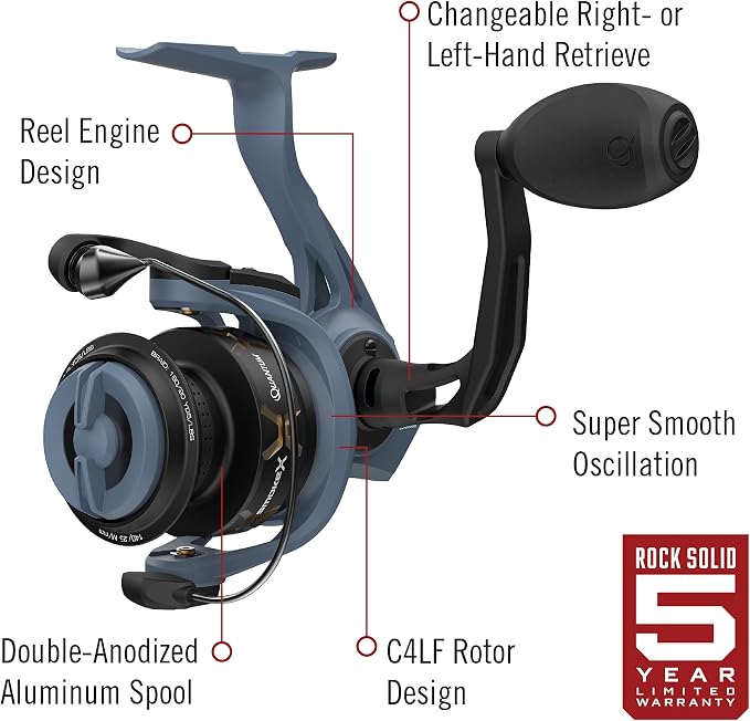 Quantum Smoke X Spinning Fishing Reel, Size 25 Reel, Changeable Right- or Left-Hand Retrieve, Continuous Anti-Reverse Clutch with NiTi Indestructible Bail, SCR Alloy Frame, 6.0:1 Gear Ratio, Blue
