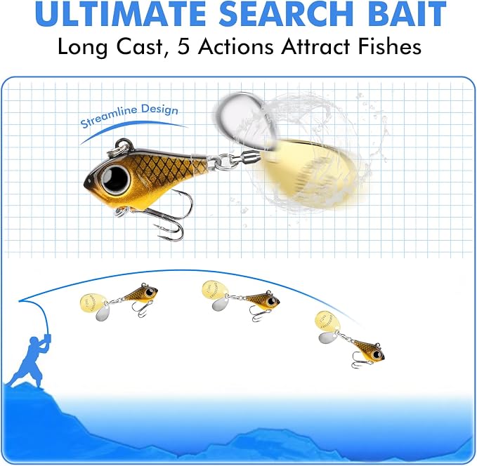 TRUSCEND Vibespinner Easy Catch Fishing Lures with BKK Hooks, Tail Spinner Baits with 4 Actions, Vibrating Swimming Flashing & Jigging for More Bites, Spoon Lures for Bass Trout Crappie Walleye Pike