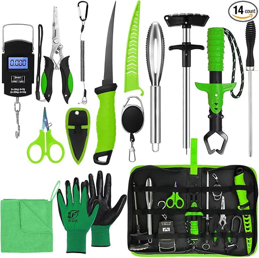 RoundFunny 14 Pcs Fishing Tool Kit, Fillet Knife, Fishing Pliers with Lanyard, Digital Scale, Lip Gripper, Hook Remover Fish Scaler Braid Scissors Gloves Sharpening Rod Retractor Towel Bag