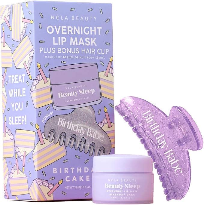NCLA Beauty Sleep Lip Mask Plus Hair Claw Clip - Lip Mask for Women - Nourishes and Hydrates - Strong Grip Hair Clip - Birthday Cake - 0.5 oz
