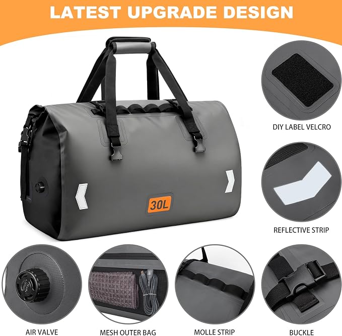OCKLILY Waterproof Dry Bag, 30L Roll-top Motorcycle Tail Bag with Air Valve & Quick-fixed Straps, Travel Duffle Bags for Kayaking Paddle Boarding Rafting Boating Camping Riding Fishing - Grey
