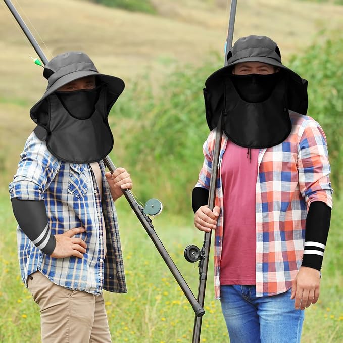 Berlune 6 Pcs Sun Hats for Men Women Fishing Hats with Face Cover and Arm Sleeves Outdoor Wide Brim Hat Summer UV Sun Protection Hat for Fishing Hiking Gardening