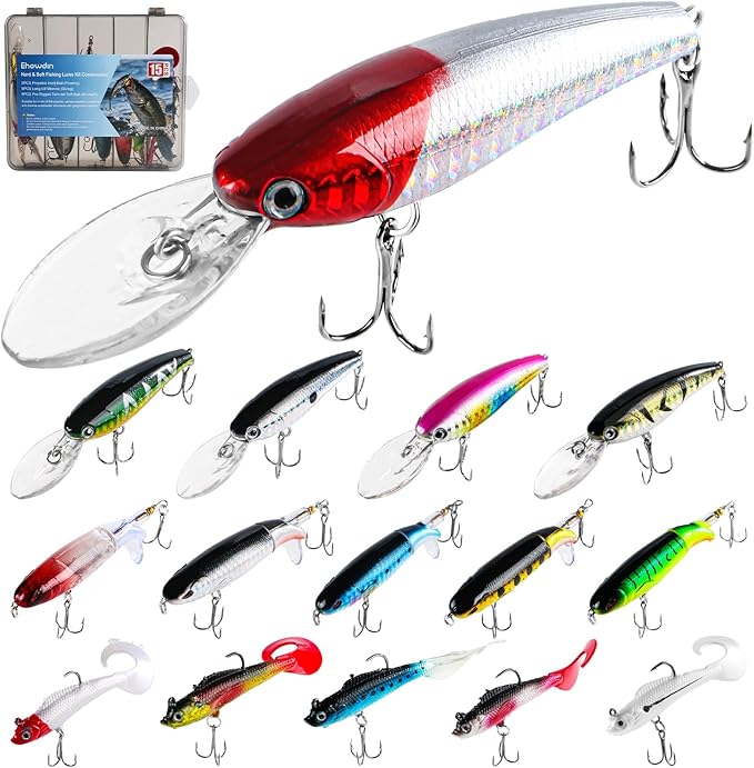 15PCS Fishing Topwater Lures Kit Mixed Whopper Popper 4inch, Minnow Diving Crankbait, Pre-Rigged Soft Swimbaits Bass Trout Freshwater Saltwater,Fishing Tackles Gear Gift Men