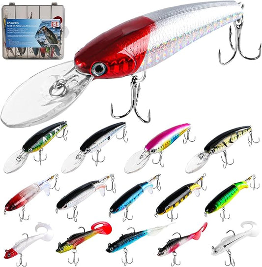 15PCS Fishing Topwater Lures Kit Mixed Whopper Popper 4inch, Minnow Diving Crankbait, Pre-Rigged Soft Swimbaits Bass Trout Freshwater Saltwater,Fishing Tackles Gear Gift Men