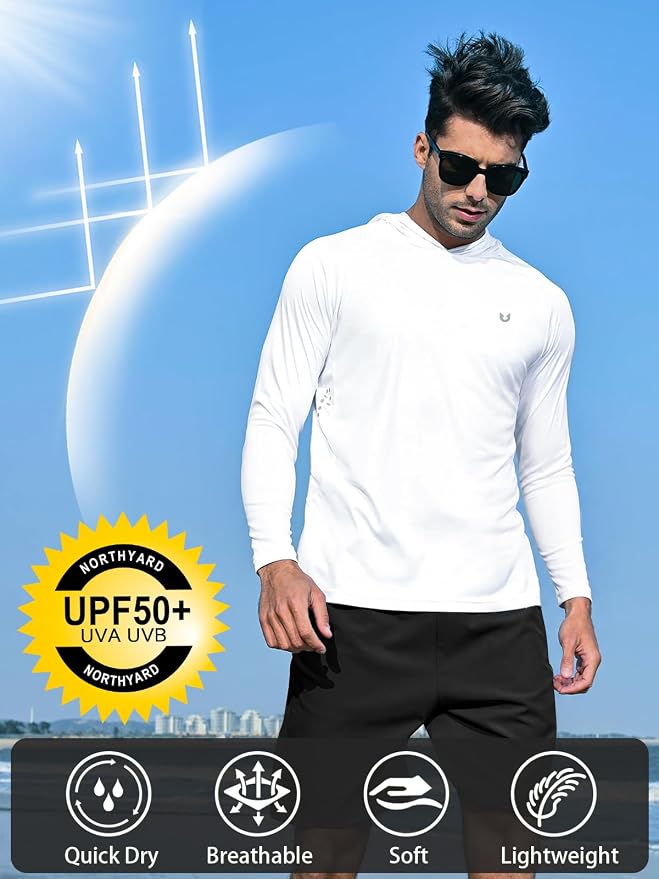 NORTHYARD Men's UPF 50+ Rash Guard Hoodie Long Sleeve Sun Protection Shirt Fishing Swim Beach Hiking Quick Dry Lightweight