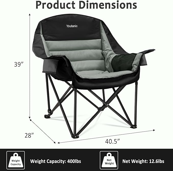 Youtanic Oversized Camping Chair, Portable Folding Camping Chairs with Side Pocket, Cup Holder and Carry Bag, Heavy Duty Outdoor Camping Chairs for Adults, Fishing, Sports, Trip, up to 400lbs, Style 4