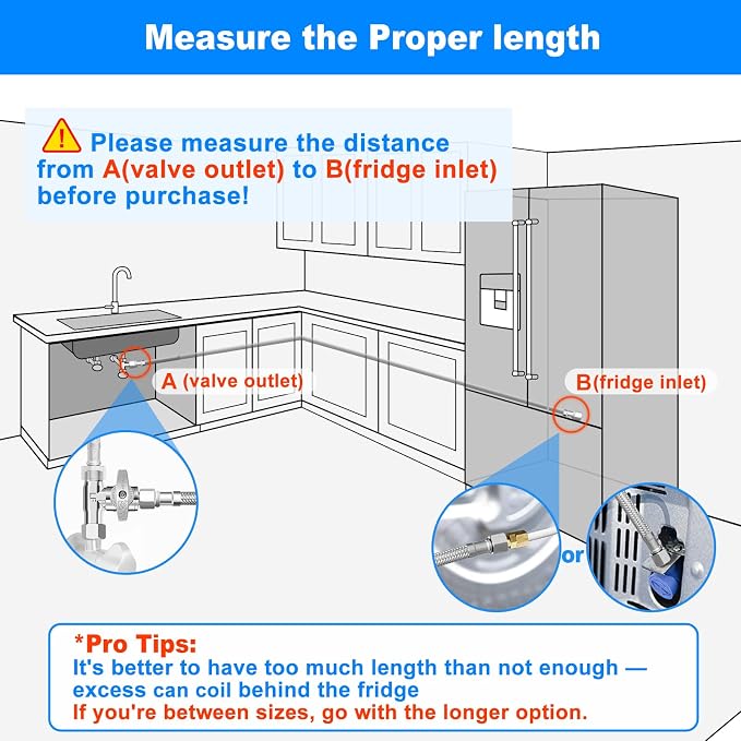 Refrigerator Water Line Kit - 8FT Stainless Steel Braided Ice Maker Water Line with Tee Stop Valve,Foodgrade PEX Inner Hose Fridge Water Line with 1/4" Comp Fitting and Tee Valve