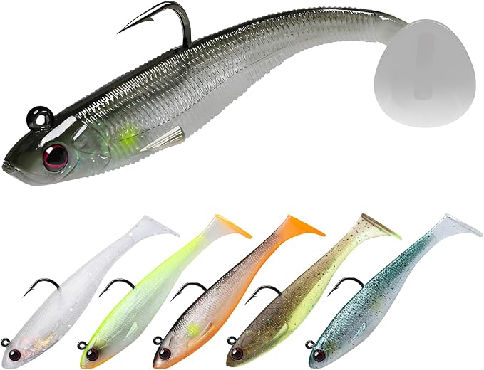 TRUSCEND Shadtale Easy Catch Soft Fishing Lures with BKK Hooks - Trembly Sinking and Vibrating Swim for More Bites, Pre-Rigged Swimbaits for Bass, Trout, Crappie, Walleye, Freshwater Saltwater Fishing