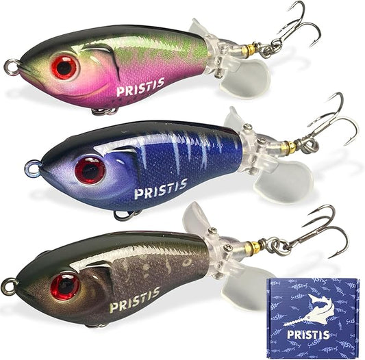 Pristis 3 pcs Topwater Fishing Plopper Lures, Floating Popper Bait Set with Chemically Sharpened Hooks for Saltwater Freshwater, Top Water Plopping Swimbait Teaser for Bass Tuna Perch Pike Crappie