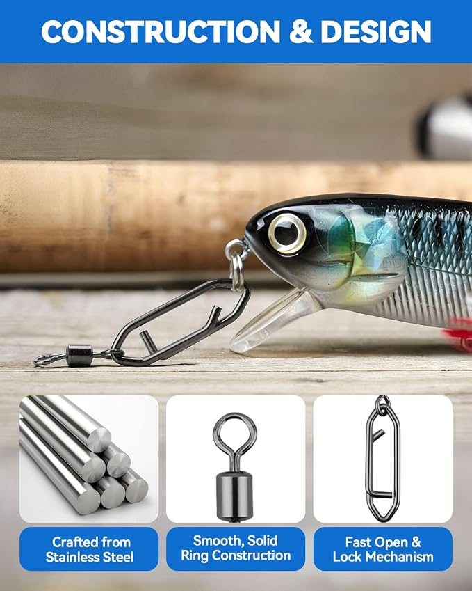 110 Pcs High Strength Fishing Swivels, Stainless Steel Snap Swivels with Quick Change Clips, Saltwater Freshwater Fishing Accessories, Black Nickel Coated