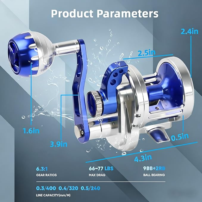66-77lbs Jigging Reel, 6.3:1 9BB+2RB Conventional Reel, CNC All Aircraft Aluminum Left and Right Hand Saltwater Fishing Reel