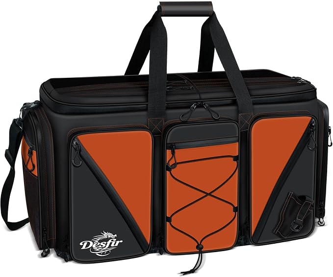 Handor Waterproof Fishing Tackle Bag, Large Saltwater Resistant Storage, 1000D PVC Material, Holds 3600 3700 Trays (Black and Orange, Large Bag)