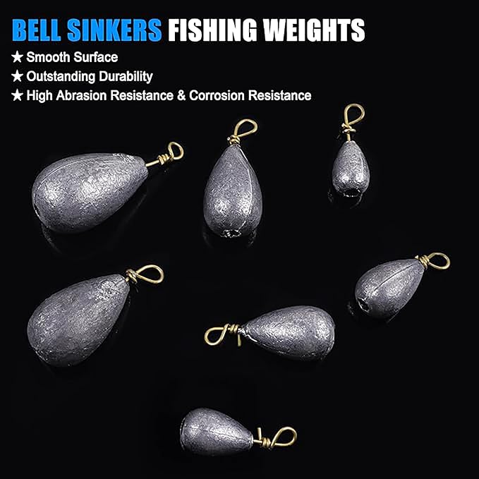 30 Pack Fishing Weight Sinkers,Bass Casting Sinker Weights Lead Bell Drop Shot Sinker with Brass Swivel Catfish Weight Sinkers Streamline Saltwater Freshwater Fishing