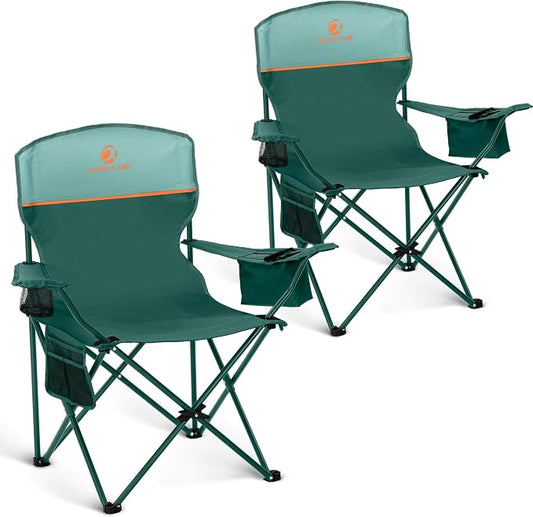 ALPHA CAMP 2-Pack Camping Chair with Cooler Bag, Heavy Duty 250lbs Capacity Folding Chair with Lumbar Support & Side Pocket, Portable Quad Chairs for Beach Fishing Tailgating & Sideline Sport