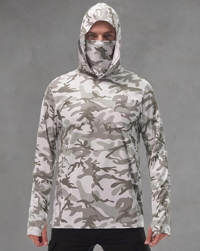 FISHEAL Men's Performance Fishing Hoodie Shirt - UPF 50+ Sun Protection Long Sleeve Thumbholes Shirts with Neck Gaiter