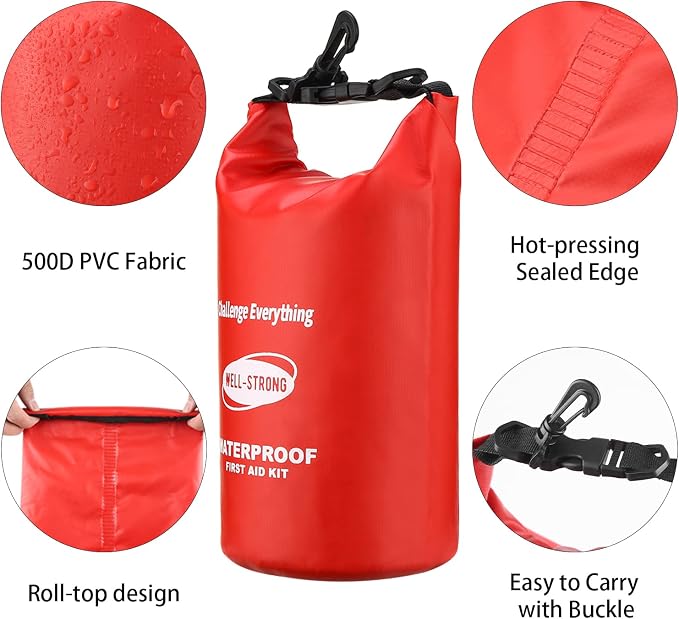 Emergency First Aid Kit for Boating, Fishing & Kayaking – Waterproof Medical Supplies with Roll Top Design, 2L Capacity, Red