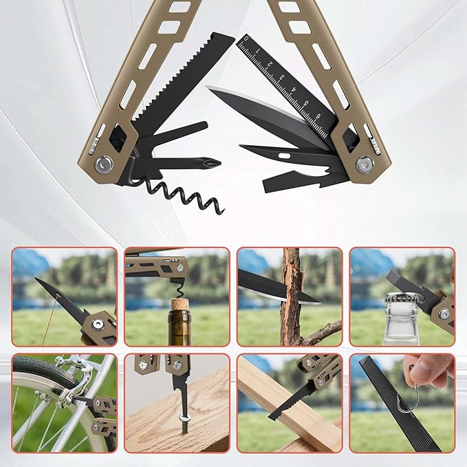 Multitool 17-in-1 Stainless Steel Multi Tool with Pocket Knife Needle Nose Pliers Bottle Opener Screwdriver Self-Locking Professional Multi-Tool for Outdoor Survival Gifts for Men(Brown)