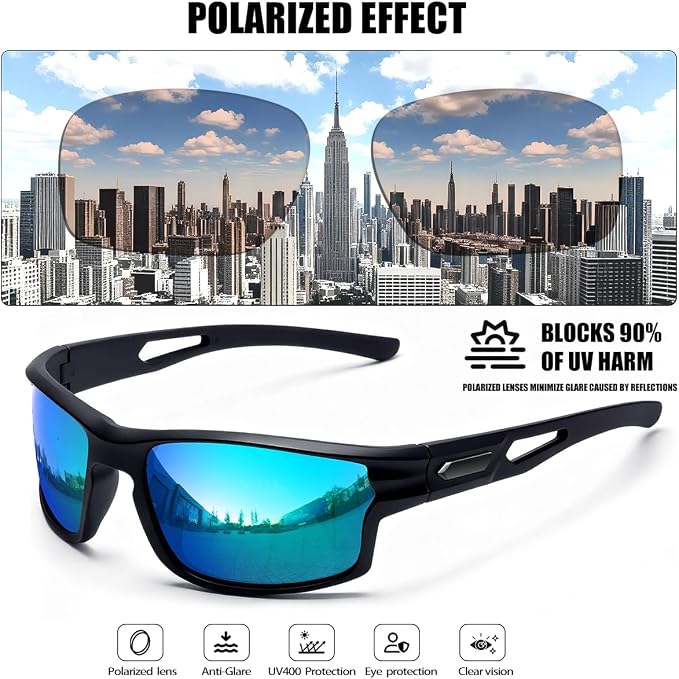 Polarized Sports Sunglasses for Men UV400 Protection, Lightweight Wrap Around Sun Glasses for Fishing Cycling Running