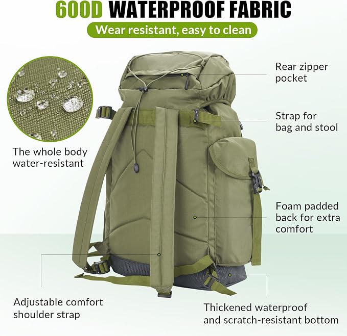 THKFISH Fishing Backpack with Foldable Chair, 35L Tackle Box Backpack with Rod Holders Fishing Storage Bag Portable Stool for Outdoor Fishings, Camping, and Hunting