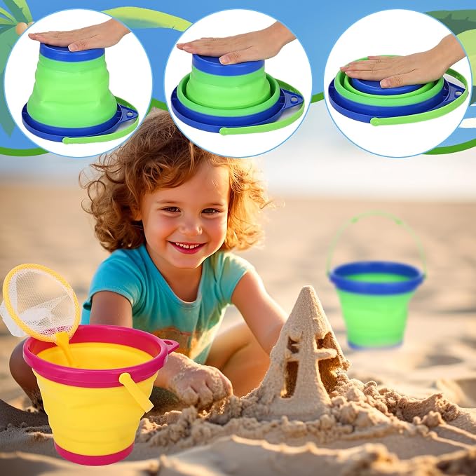 2 Pack Telescopic Kids Fishing Net with Handle, 2 Collapsible Bucket Sand Pail, Stainless Steel Foldable Fishing Net Small Fishing Butterfly Bug Net Beach Shovel with Storage Bag