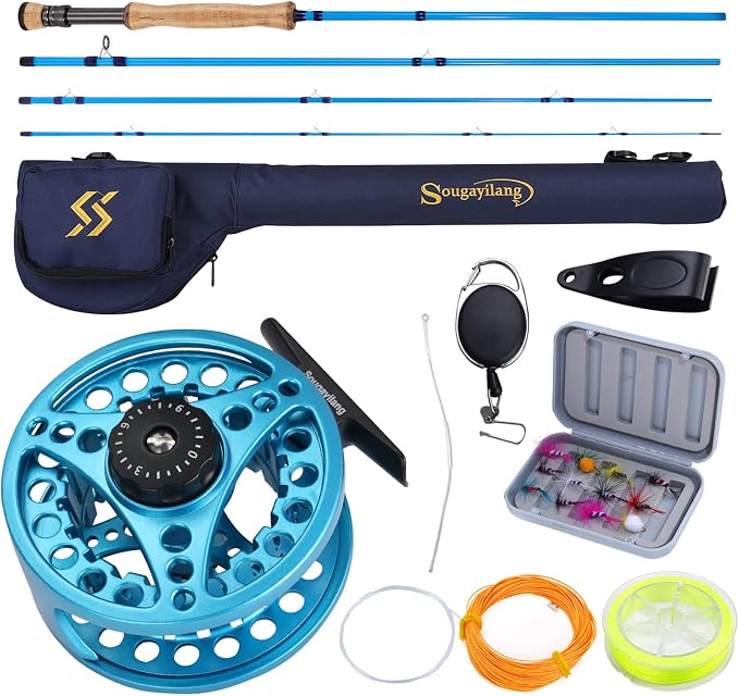 Sougayilang Fly Fishing Combo, 4 Piece Fly Rod and CNC Machined Aluminum Alloy Reel Complete Starter Package with Rod Bag