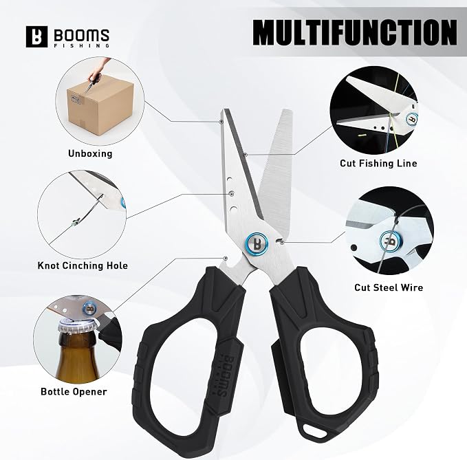 Booms Fishing Braided Line Cutter: 6.3in Multifunction Fishing Scissors with Retractor - Fishing Shears with Serrated Blades and Side Wire Cutter, S04
