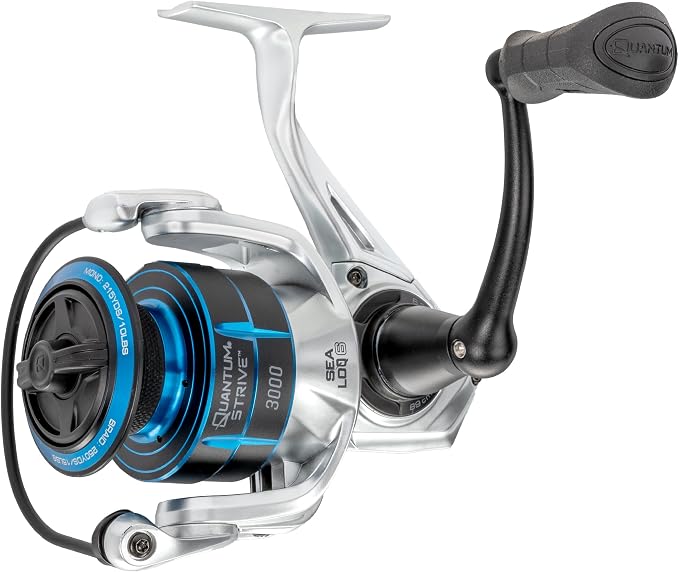 Quantum Strive Spinning Fishing Reel, Rigid Aluminum Frame, Graphite Rotor, Sealed Design, CFX200 Carbon Fiber Xtreme Drag, Silver/Blue