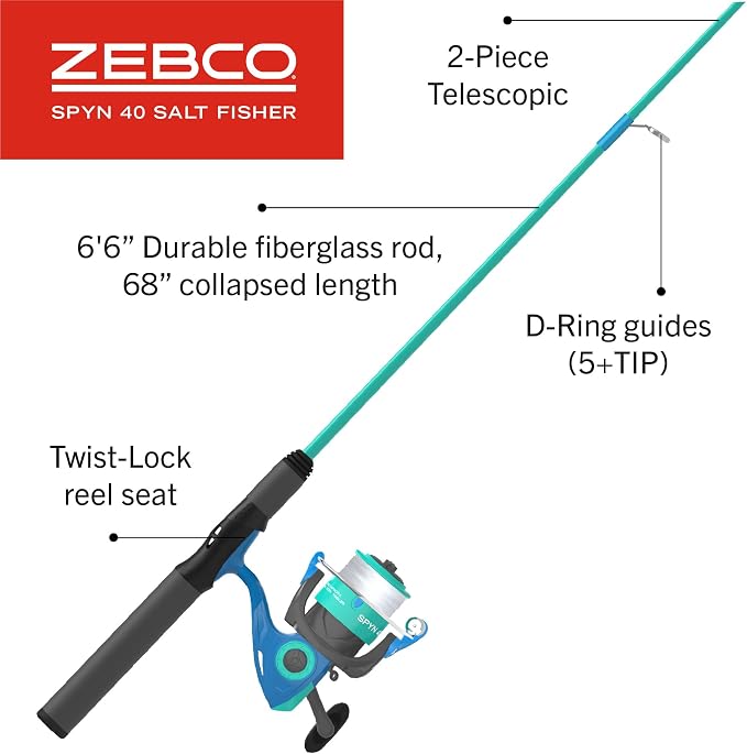 Zebco Spyn 40 Salt Fisher Spinning Reel and Fishing Rod Combo, 6-Foot 6-Inch 2-Piece Telescopic Rod, Size 40 Reel, 7-Piece Strike King Tackle Kit