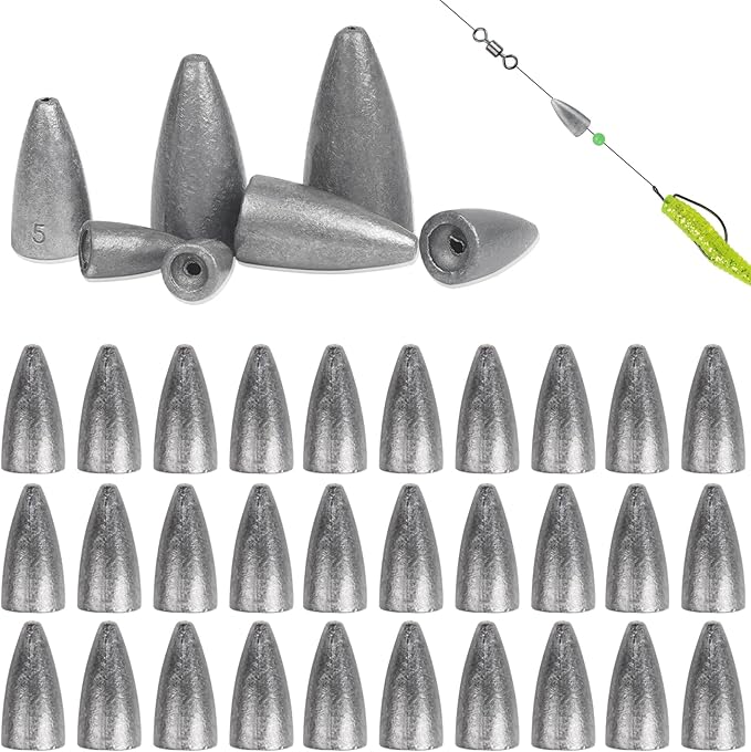 Fishing Weights 30pcs Bullet Sinkers Worm Weights for Bass Fishing Carolina Rig Texas Rig Slip Sinker Sliding Weights Lead Fishing Weights Saltwater Freshwater