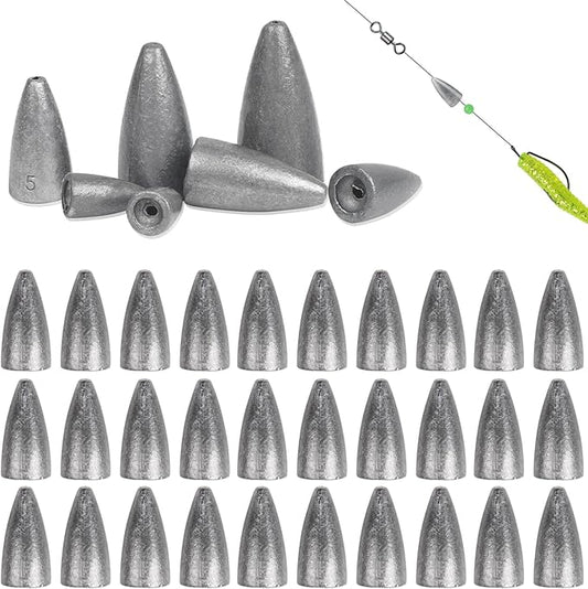 Fishing Weights 30pcs Bullet Sinkers Worm Weights for Bass Fishing Carolina Rig Texas Rig Slip Sinker Sliding Weights Lead Fishing Weights Saltwater Freshwater
