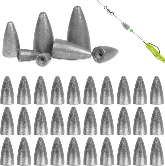 Fishing Weights 30pcs Bullet Sinkers Worm Weights for Bass Fishing Carolina Rig Texas Rig Slip Sinker Sliding Weights Lead Fishing Weights Saltwater Freshwater