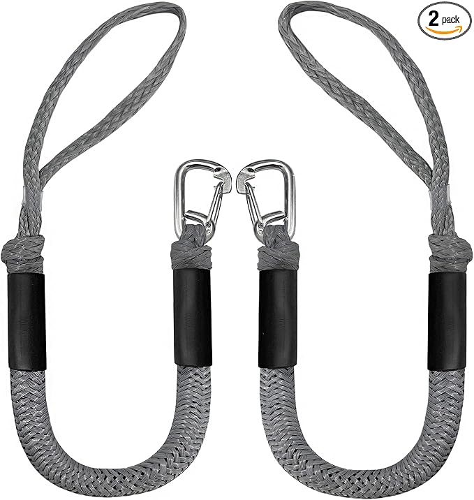 3FT Boat Dock Line Shock Absorbing Mooring Bungee Dock Lines for Boats Accessories Ideal for Jet Ski, SeaDoo, Kayak, Pontoon, Power Boat 2PCS (Grey, 3FT-Single Clips)