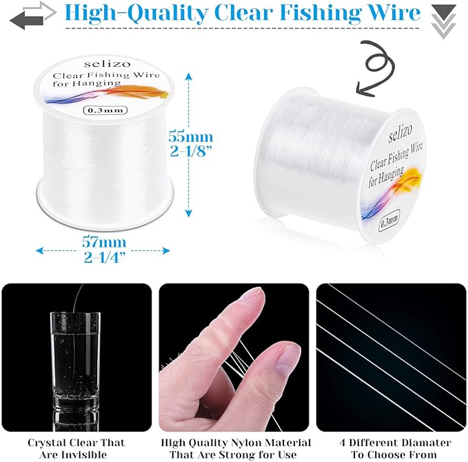 Fishing Wire for Hanging, Selizo 4Pcs Clear Fish Line Fishing String Invisible Monofilament Nylon Thread for Hanging Decorations, Balloon Garland, Jewelry Making, Beading and Crafts