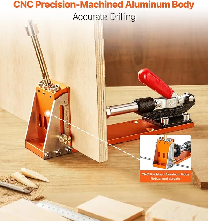 VEVOR Pocket Hole Jig Kit, Adjustable and Easy to Use Pocket Hole Jig System with Step Drills, Wrenches, Drill Stop Rings, Screws and Square Drive Bits, Dual Scale Marks, for DIY Carpentry Projects