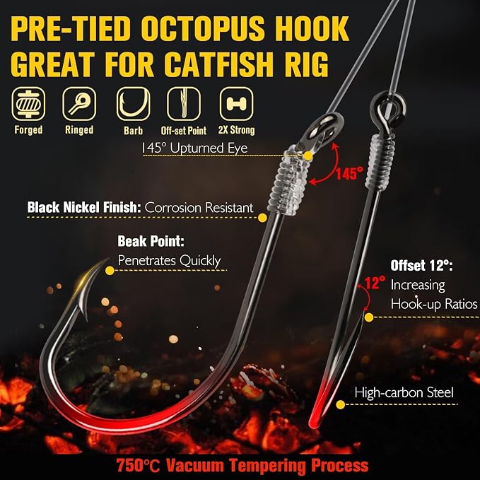 Dovesun 10PCS Pre-Rigged Catfish Rig Circle/Octopus Hooks Rigs for Catfish Offset Circle Fishing Hooks for Saltwater Freshwater 2/0 3/0 4/0 5/0 6/0 7/0 8/0 10/0