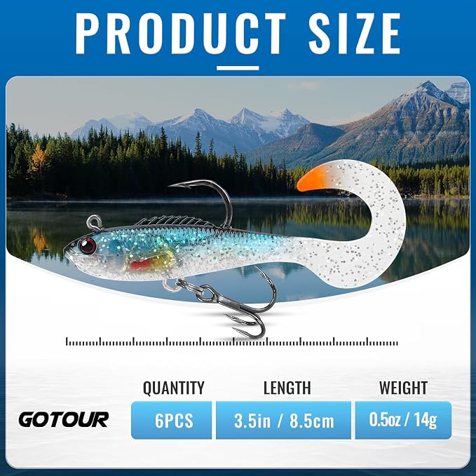 GOTOUR Pre-Rigged Soft Fishing Lures with Weedless Hook, Lifelike Paddle Tail Swimbaits for Bass Fishing, Freshwater & Saltwater Fishing Bait, Fishing Tackle for Bass, Pike, Trout, and Walleye