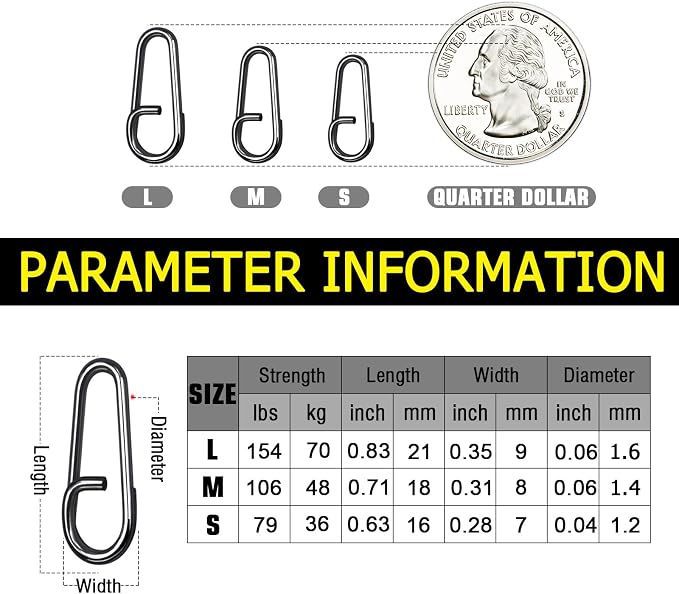 Atibin Stainless Steel Fishing Snap Freshwater High Strength Fishing Clips Saltwater Oval Split Fishing Snaps Swivels Black Nickel