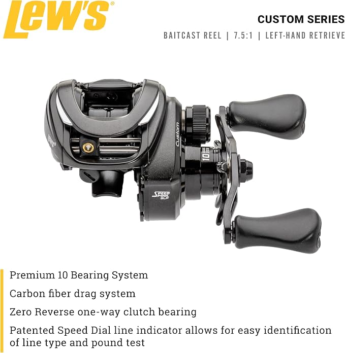 Lew’s Custom Baitcast Fishing Reel, 9+1 Bearings, Aluminum Frame and Sideplates, ParaMag RX Brake, Carbon Fiber Drag, Speed Gears, Black/Silver