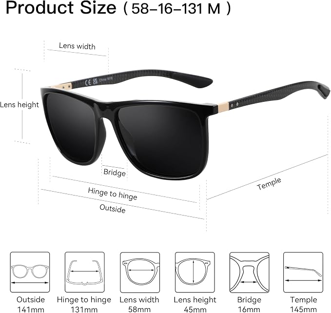 ZENOTTIC Square Polarized Sunglasses for Men Ultralight Carbon Fiber Sun Glasses Driving Fishing Golf Sports UV400 Protection