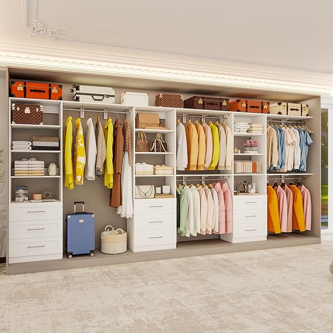 Closet System with 9 Drawers, 8.5FT-18FT Closet Organizer System Storage Storage Adjustable with 9 Cuttable Shelves for Walk in Closet with 9 Expandable Hanging Rods, 3 Sets , White