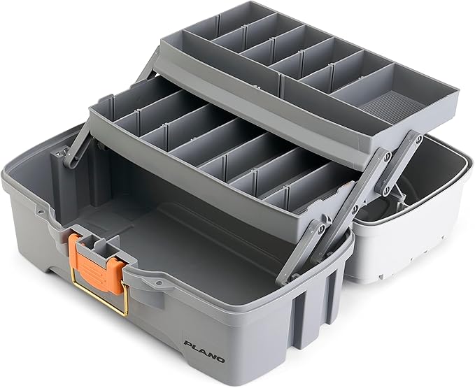 Plano Two-Tray Tackle Box, Light Grey/Dark Grey, Rust-Proof Brass Latch, Top-Access Tray with Deep Storage, Made in the USA, Portable Fishing Gear Storage Organizer