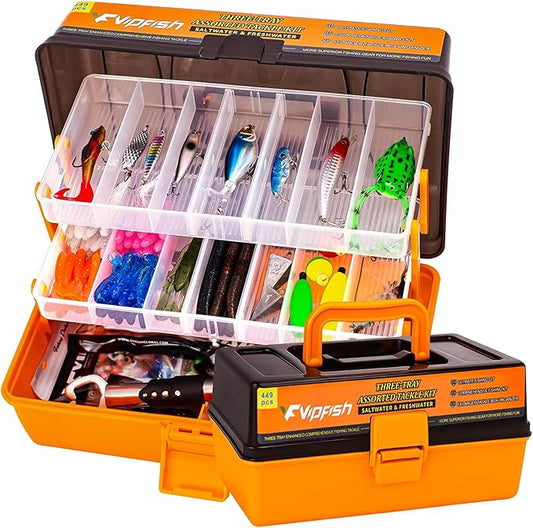 448-Pcs Fishing Lures Kit – Complete Large 3-Layer Tackle Box Set with Hooks, Weights, Bobbers, Pliers, Rigs, Leaders & Accessories for Men, Kids, Beginners, Gear gift choice for Fathers Day