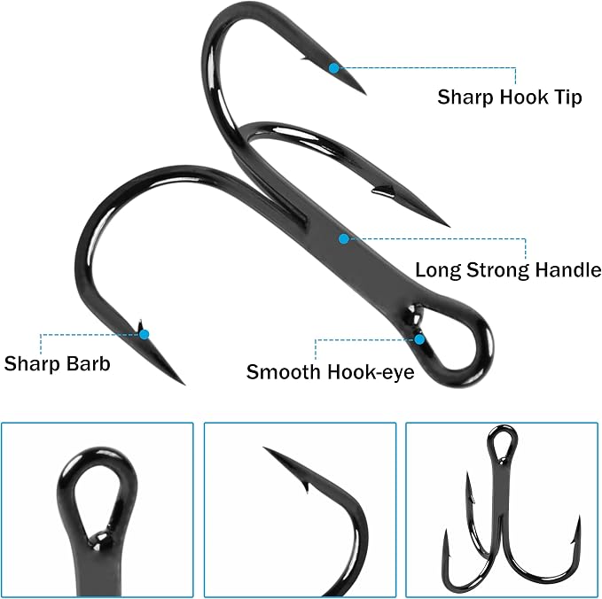 Fishing Treble Hooks Kit High Carbon Steel Treble Fishing Hooks Ring Set Strong Sharp Round Bend for Trout Bass Catfish Lures Baits Freshwater Saltwater